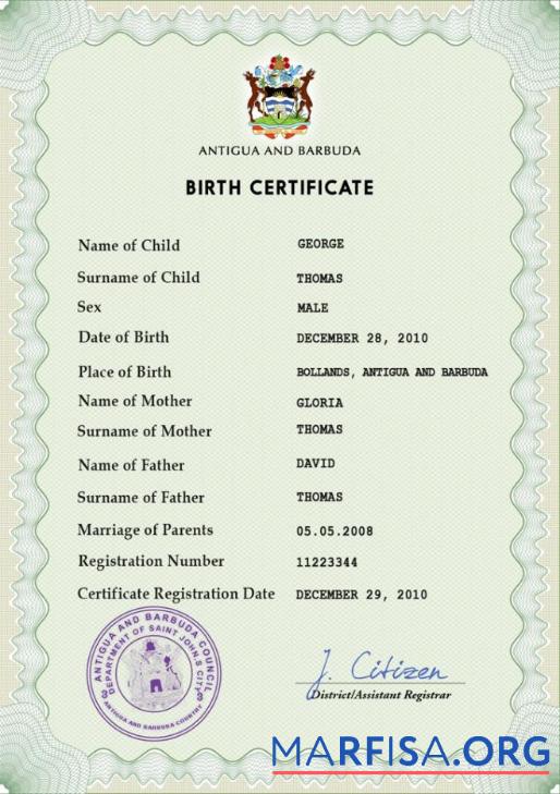 Blank Antigua and Barbuda birth certificate PSD template
